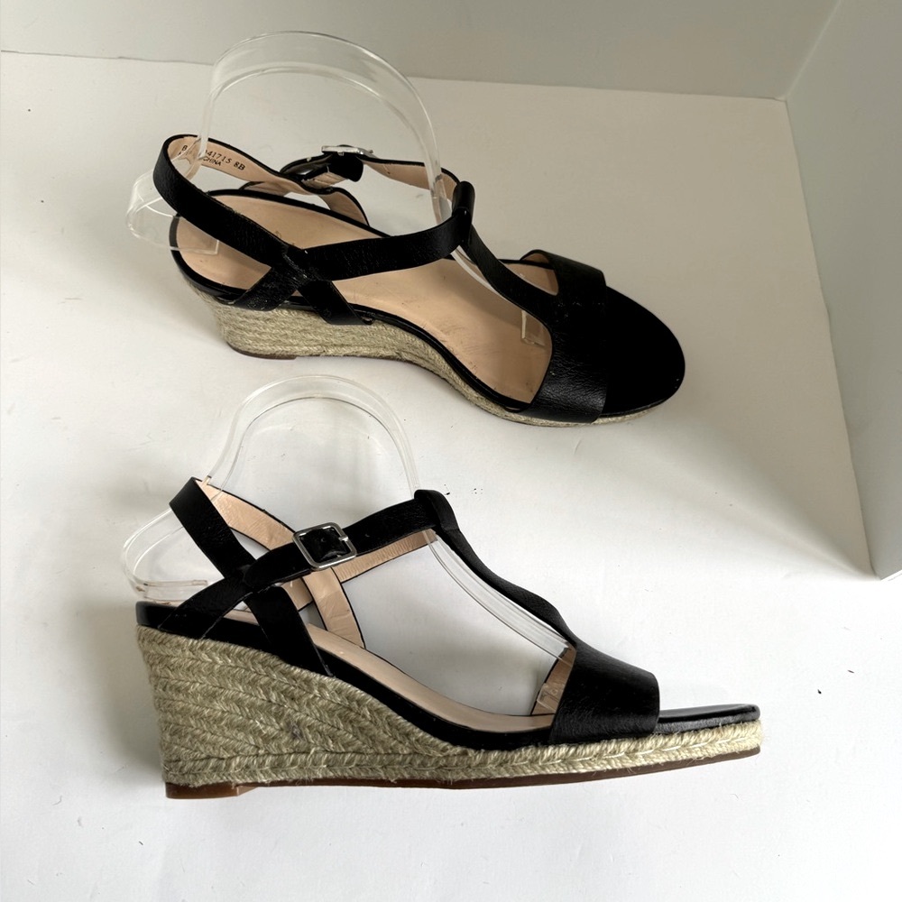 Cole Haan Elizabeth Wedge Sandal Black Leather T-Strap Espadrille Size 8 - Picture 9 of 16